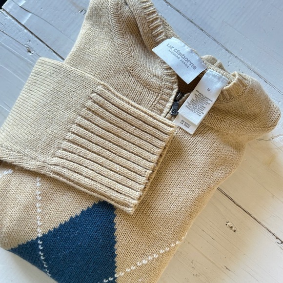 Liz Claiborne Tops - Liz Claiborne Womens Medium Tan Argyle Knit 1/4 Zip Hoodie Sweater‎